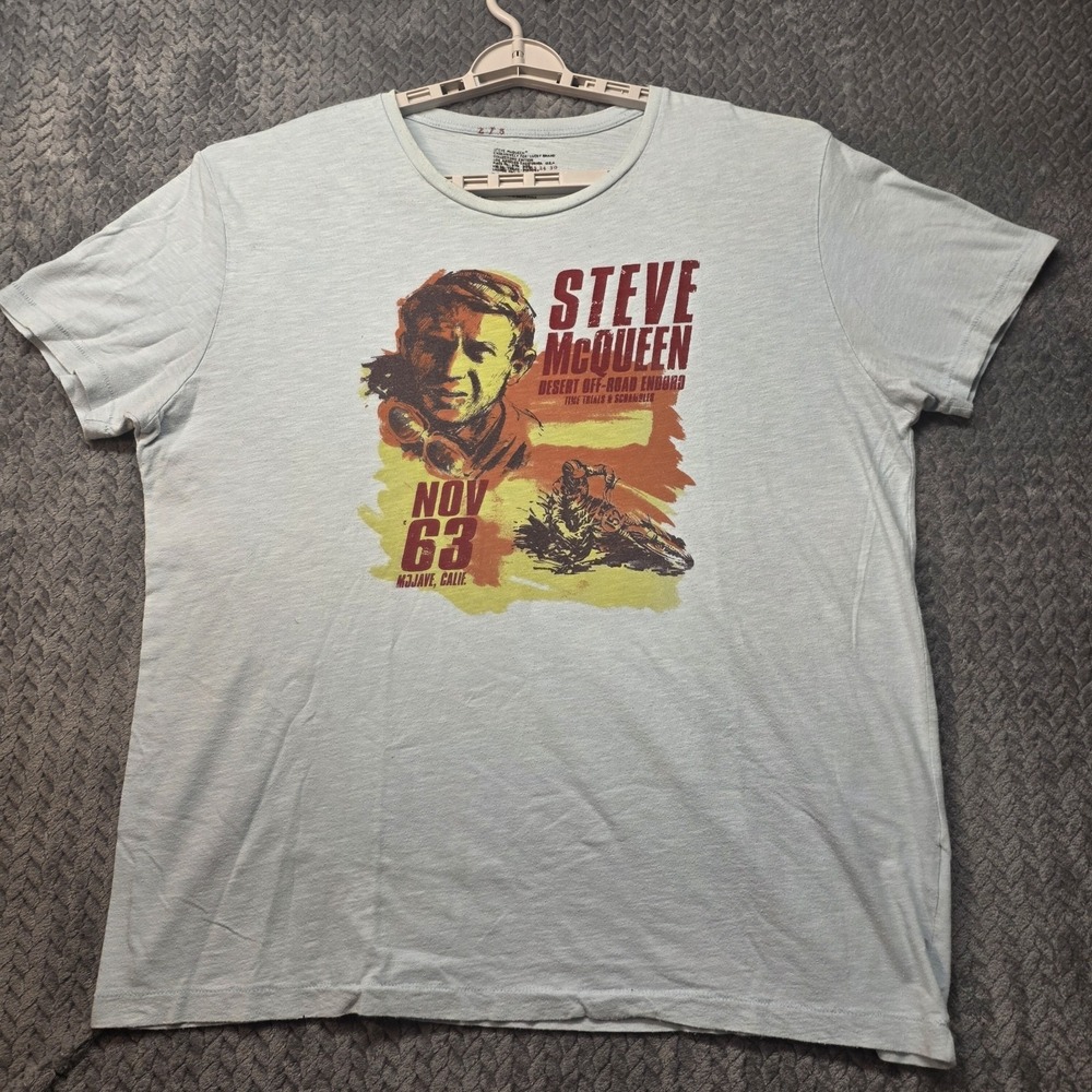 Steve McQueen Lucky Brand T-Shirt Men XL Blue Desert Off Road Enduro Graphic Y2K